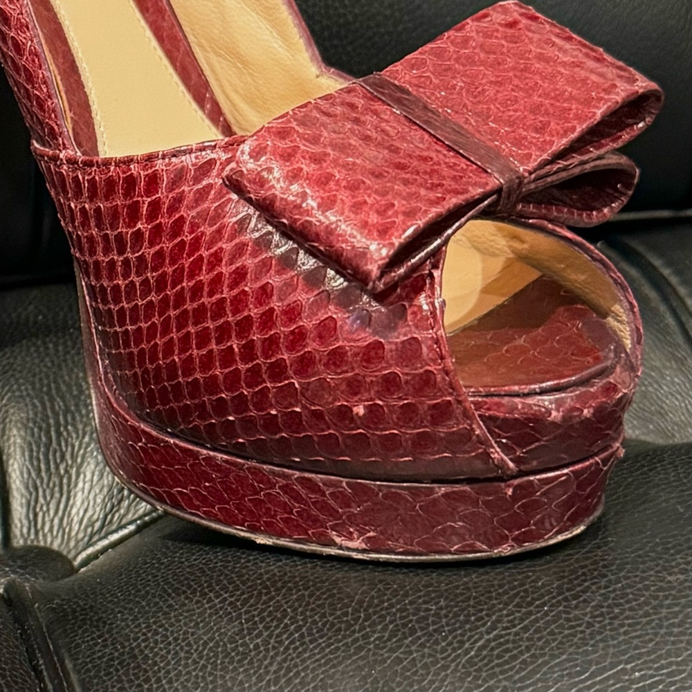 🔥FENDI Spuntata Ayers Lucido Bow Platform Heels Bordeaux Burgundy 8 38 Snakeskin - Picture 11 of 12